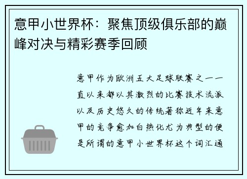 意甲小世界杯：聚焦顶级俱乐部的巅峰对决与精彩赛季回顾