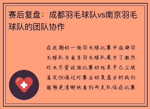 赛后复盘：成都羽毛球队vs南京羽毛球队的团队协作