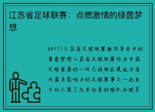 江苏省足球联赛：点燃激情的绿茵梦想
