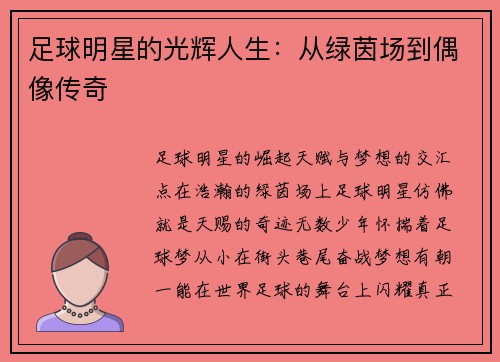 足球明星的光辉人生：从绿茵场到偶像传奇