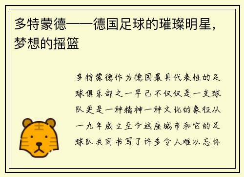 多特蒙德——德国足球的璀璨明星，梦想的摇篮