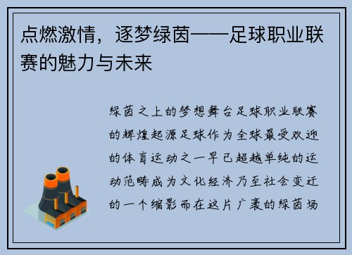 点燃激情，逐梦绿茵——足球职业联赛的魅力与未来