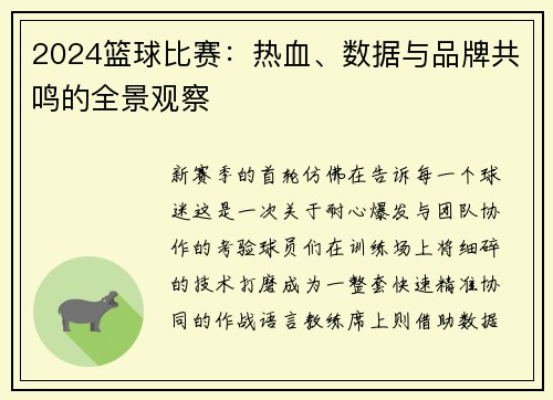 2024篮球比赛：热血、数据与品牌共鸣的全景观察